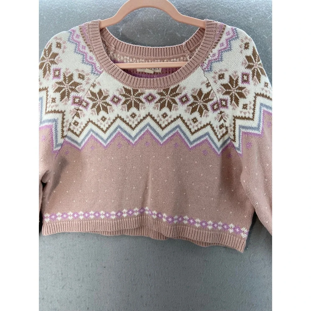 Aeropostale Fair Isle Sweater Womens XL Pink Cropped Snowflake Knit Scoop Neck